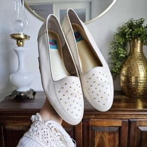Air Flex Genuine Leather Studded Flat Loafers Cream Gold Embellished Shoes Sz 11